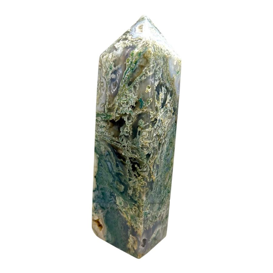 Hand-carved Moss Agate Tower (7.5"), featuring lush green patterns and earthy energy. A unique Agate Tower symbolizing growth, healing, and grounding. Perfect for meditation, manifestation, and crystal decor.