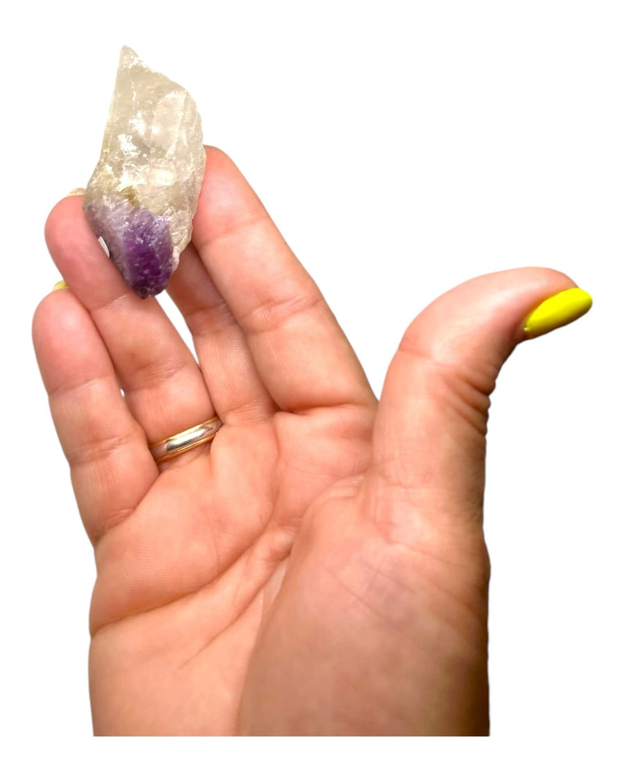 Hand-carved Amethyst & Clear Quartz Free Form crystal (2"), featuring a stunning mix of deep purple Amethyst and clear, high-vibration Quartz. A unique free form carving for balance, clarity, and spiritual healing. Perfect for meditation, energy work, and home decor.