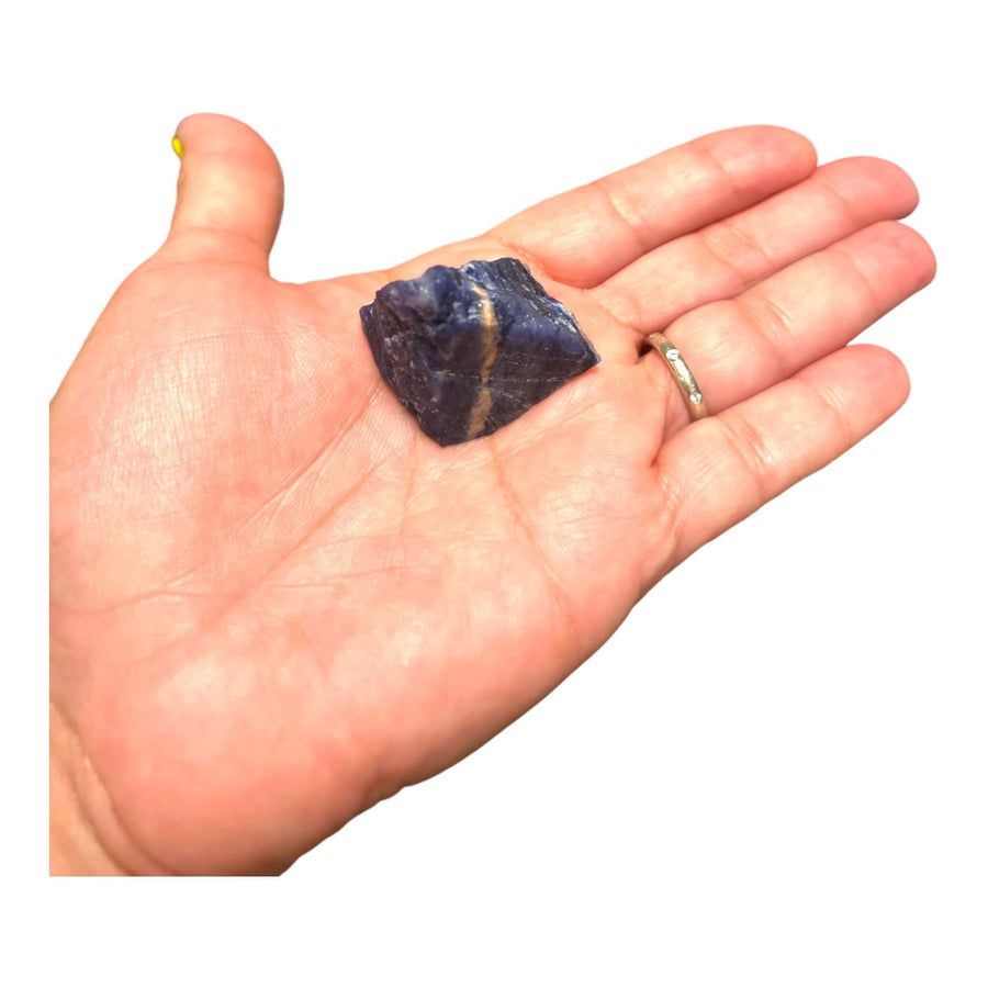 Raw Sunset Sodalite crystal (1" x 1"), featuring deep blue and warm golden hues. A unique Sodalite stone symbolizing intuition, confidence, and emotional balance. Perfect for meditation, energy healing, and crystal collections.