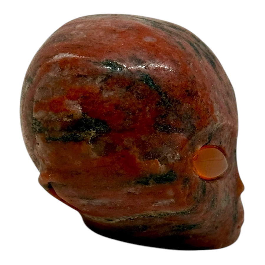 Carnelian Agate Alien Skull Carving – Handcrafted, cosmic energy, unique decor.